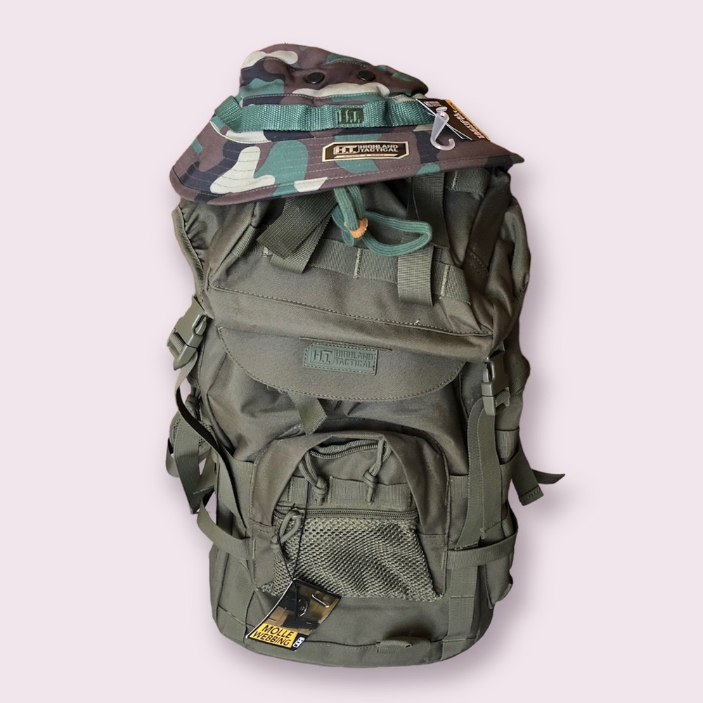 Highland Tactical Camping Backpack & Camo Boonie Bucket Hat